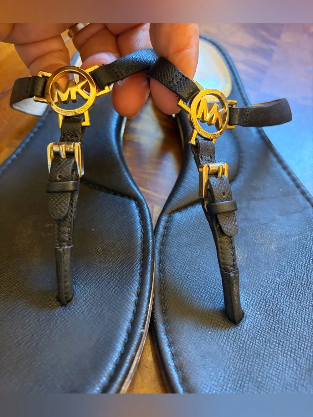 Michael Kors Black Leather T-Strap Sandals with Gold MK Medallions